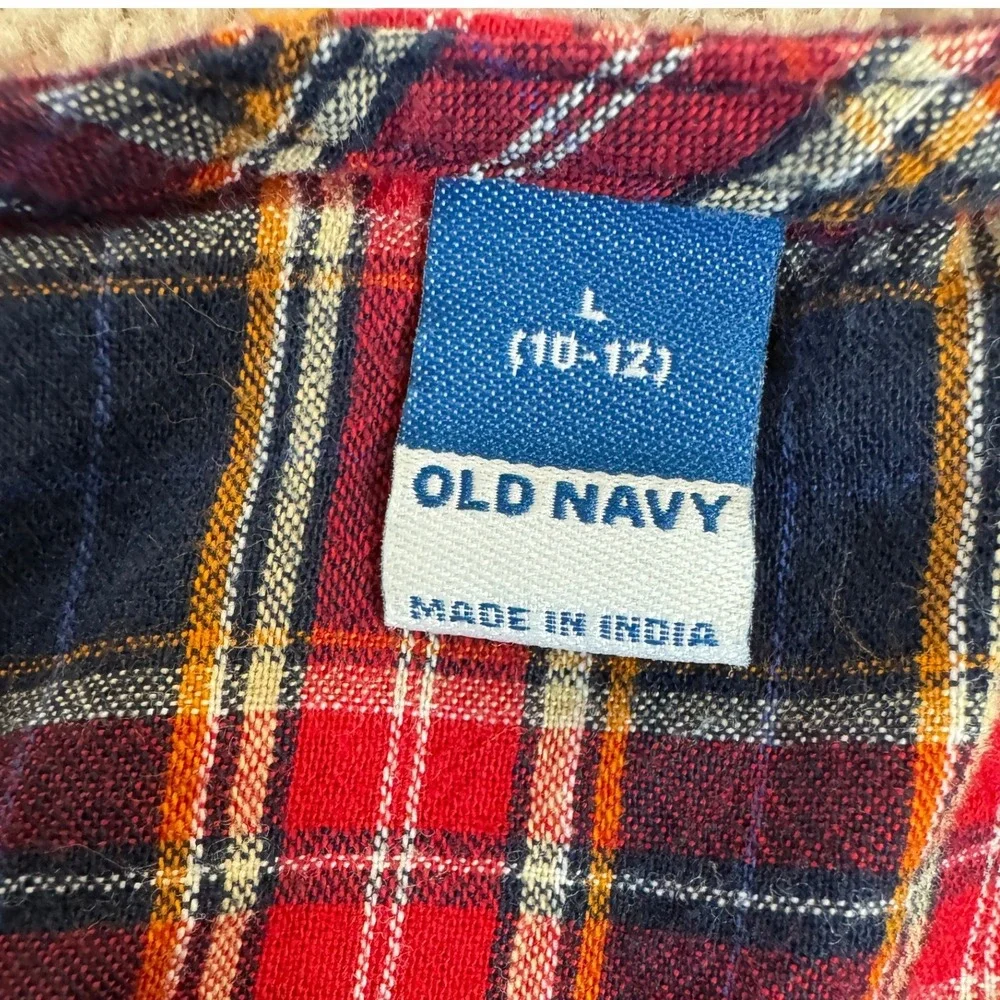 Old Navy Girls Red Navy Plaid Smocked Hem Long Sleeve Blouse Top L 10-12
